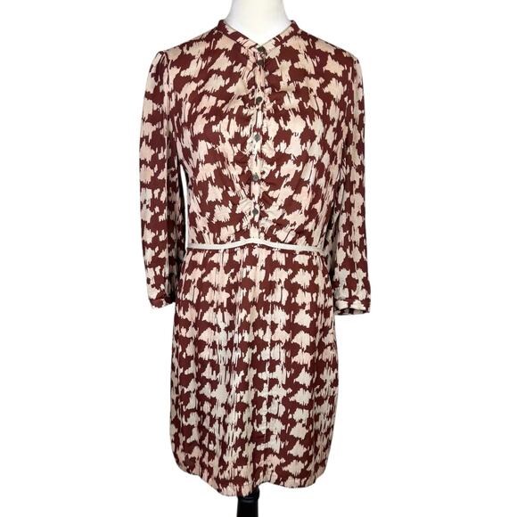 Burberry Brit 12 100% Silk Brown Tan Houndstooth 3/4 Sleeve Button Mini Dress - Picture 1 of 13